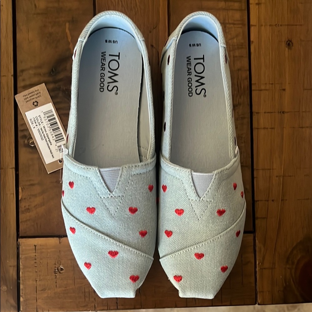 TOMS Sky Blue Slip-Ons with Red Heart Design